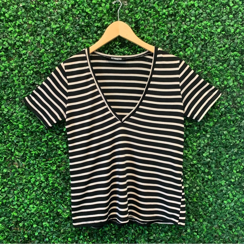 Reformation Medium Deep V-neck Black & White Striped Tshirt